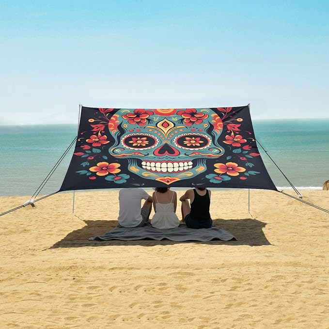 ALAZA Sugar Skull Flower on Black Beach Tent Sun Shelter Portable Canopy Sunshade for Outdoor Camping Picnics Backyard Fun 10x9 ft
