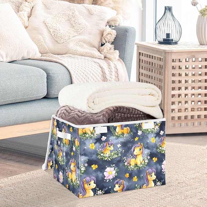 Storage Cube with Lid Cute Horses Print 16.5×12.6×11.8 IN 1 Pack Collapsible Large Capacity Foldable Storage Basket Bin Organizer