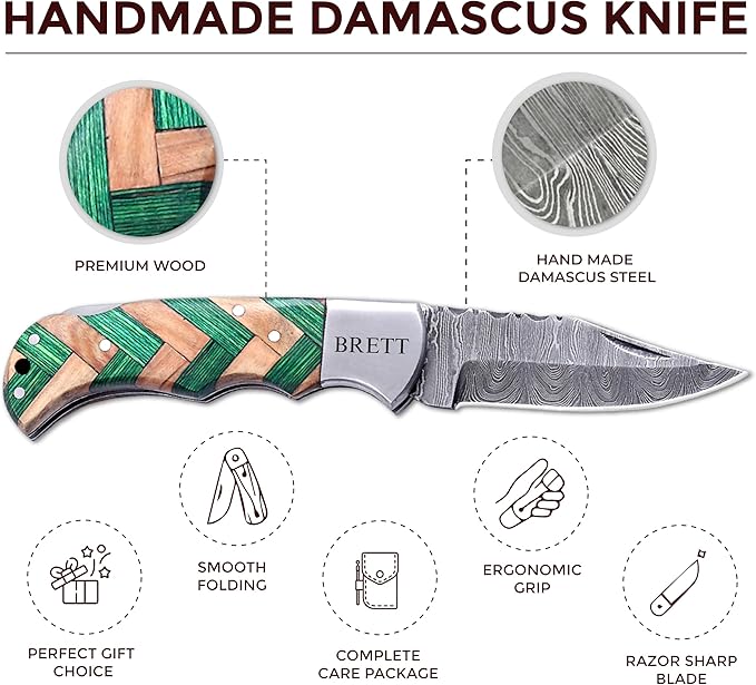 Custom Pocket Knife gifts for Men Personalized Damascus Folding Knife Engraved Gifts for Him Dad Boyfriend Husband Anniversary Groomsmen Gifts. Custom Knife for Camping Hunting Everyday Carry (