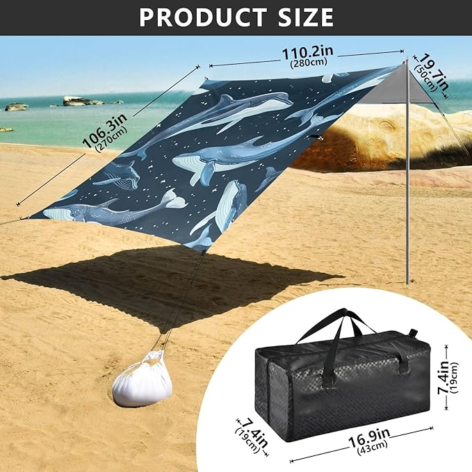 ALAZA Whale Polka Dots Beach Tent Sun Shelter UPF50+ Protection Beach Shade Canopy w/ 4 Sandbags for Outdoor Camping Fishing Backyard Fun Picnic 10x9 ft