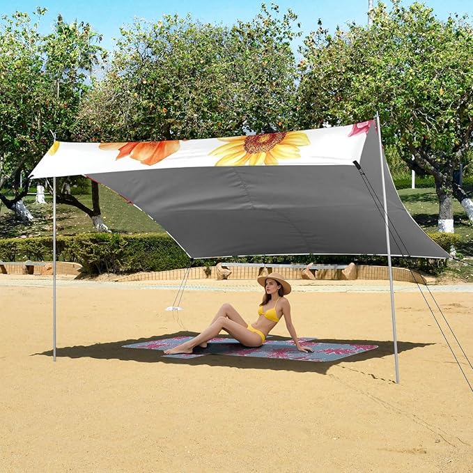 Sunflowers Camellia Peony Lilies Foldable Beach Tent UPF50+ Protection Water-Resistant Portable Sun Shelter with Sturdy Poles Sandbags and Shovel for Backyard and Camping