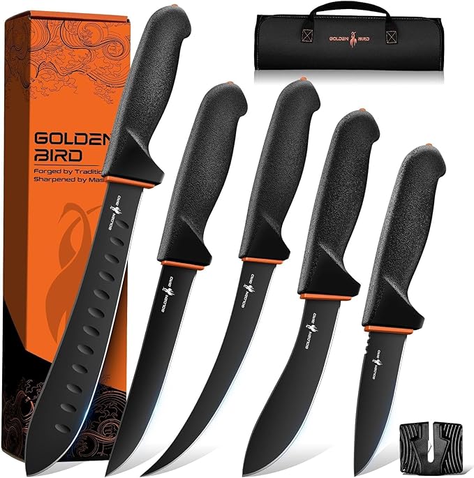 Golden Bird Butcher Knife Set - Non-slip Skinning Knife Set with Roll Bag Professional Game Processing Knives Sets - Butcher &amp Skinning Boning Knives with German Stainless Steel Gift for Men