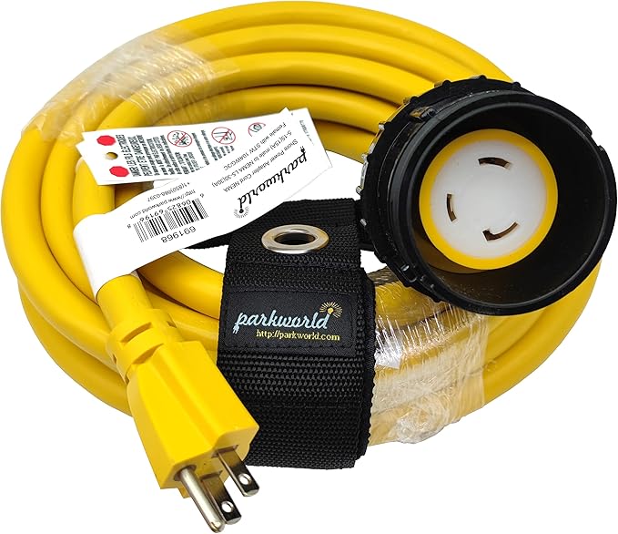 Parkworld 691968 Shore Power Adapter Cord Household 15A Male 5-15P to L5-30R RV/Camper/Marine 30A Female with Locking Ring (25FT)