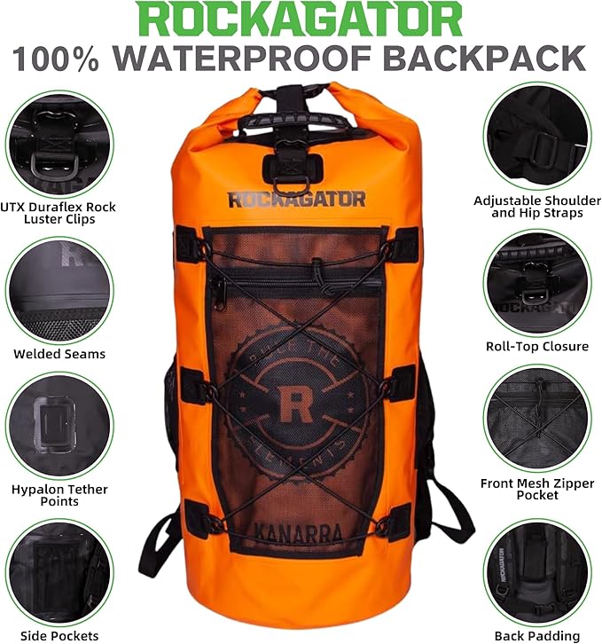 Rockagator Kanarra 90L Waterproof Backpack for Camping Hiking Mountaineering Backpacking Hunting Fishing Canoeing Outdoor Activities The Wet Outdoors - Large Capacity Roll Top Closure Orange