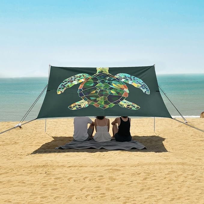 ALAZA Geometric Sea Turtle Beach Tent Sun Shelter UPF50+ Protection Beach Shade Canopy w/ 4 Sandbags for Outdoor Camping Fishing Backyard Fun Picnic 10x9 ft