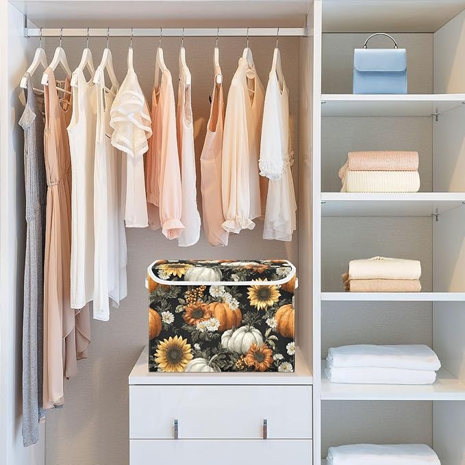 Storage Bins with Lids Storage Containers Box Organizer Bin Basket with Handles for Closet Shelves Clothes Stackable Foldable Decorative Black Pumpkins Sunflowers Daisy