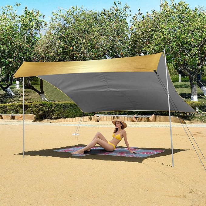 Gold Gradient Foldable Beach Cabana UPF50+ Lightweight Large Portable Sun Shelter with Carrying Bag for Backyard and Camping