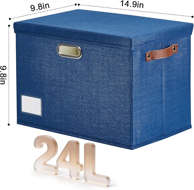 15 Large Collapsible Storage Bins with Lids Stackable Closet Organizers with PU Handle and Labels 3-Pack Decorative Fabric Storage Boxes for Home Bedroom Closet Office Nursery(Navy Blue)