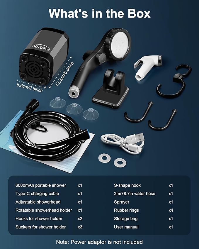 AUTOPkio Portable Camping Shower 6000mAh Rechargeable Camp Shower Pump with USB Cable &amp Electric Outdoor Shower Head Sprayer for Camping Hiking Pet Bathing Washing