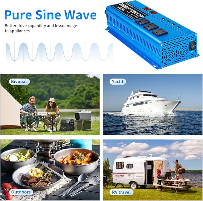 1000W Pure Sine Wave Inverter DC 12V to AC 110V/120V Converter 2000w (Peak) Car Power Converter with 3 AC Outlets 4USB PortPower Inverter for Car Truck Home Vehicles Laptop
