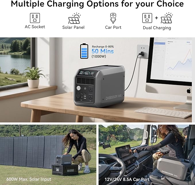 Dabbsson 1008Wh Solar Generator with 120W Solar Panel Semi-Solid LiFePO4 1200W AC Output1600W Power-Boost 1.2X Longer Runtime 0-80% in 50 Min 1000L Portable Power Station for Home/Camping/RV