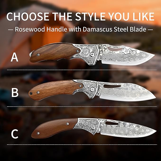 Damascus Steel Folding Knife 7.1 Multi-Purpose Pocket Knife Red sandalwood handle with a sharp blade suitable for cutting meat carving wood and outdoor activities(style B)