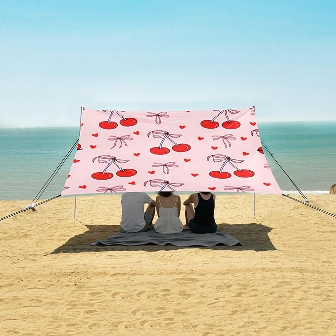 Beach Canopy with Windproof Ropes &amp Sandbags Beach Tent Sun Shade Sun Shelter for Camping Trips Fishing Backyard Fun or Picnics Cherry