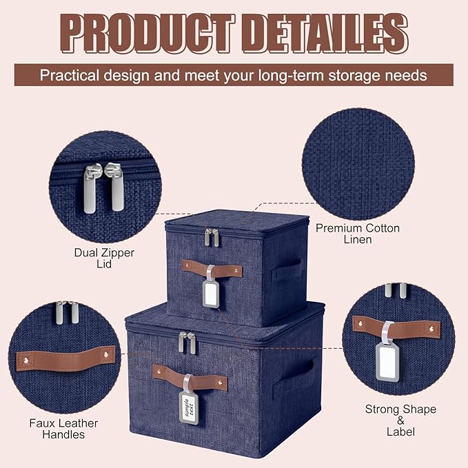 6 Pack Fabric Closet Storage Bins with Zipper Lids and Label 10×8×7In Large Size Foldable Cotton Linen Storage Cubes Boxes with PU Leather Handles Holders for Bedroom Nursery Dark Blue