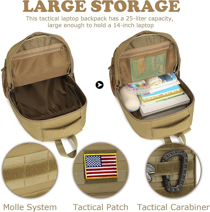 Kids tactical Backpack for Boys School Bag 20L mini Children Backpack for Outdoor Camping Travel (Brown)