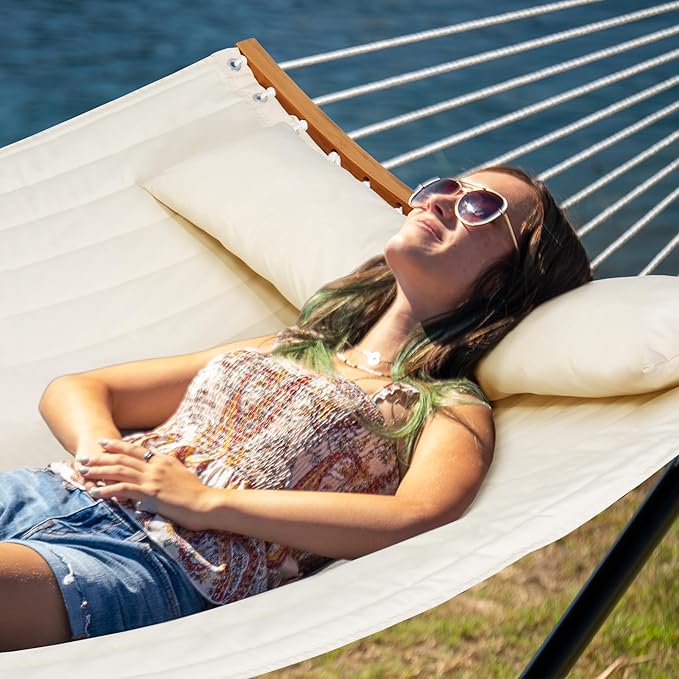 Outdoor Hammock with Stand Included Two Person Hammock with Curved Spreader Bar Pillow and Portable Bag 450 Lbs Capacity Beige