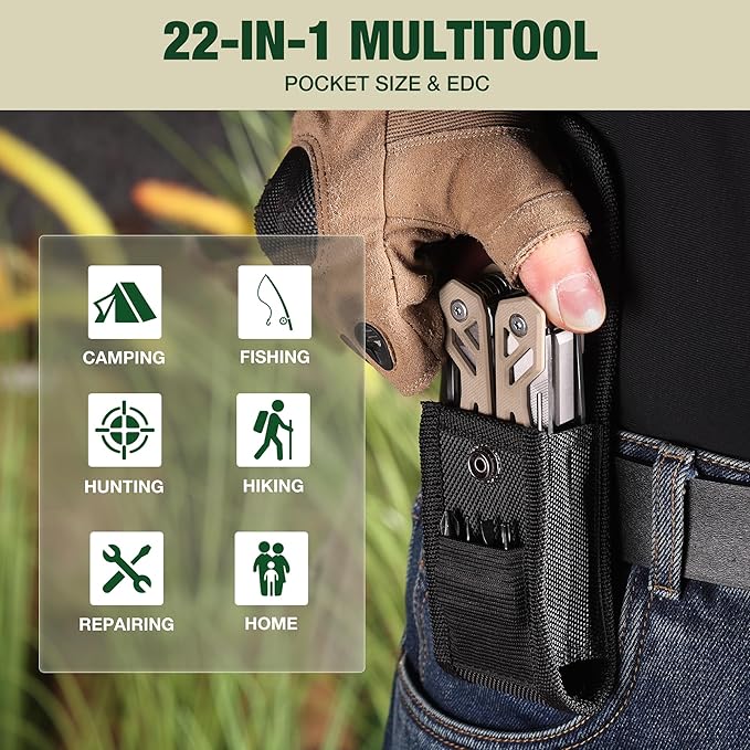MOSSY OAK Multitool 22-in-1 Stainless Steel Pliers with Screwdriver Sleeve Desert Steel Handle Self-locking Knife with Sheath-Perfect for Outdoor Survival Camping Hiking Simple Repair