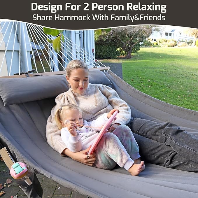 CHULIM Double Quilted Fabric Hammock with Hardwood Spreader Bars and Pillow 450 LBS Capacity 2 Person Large Hammock for Outdoor Patio Backyard Poolside - Tan