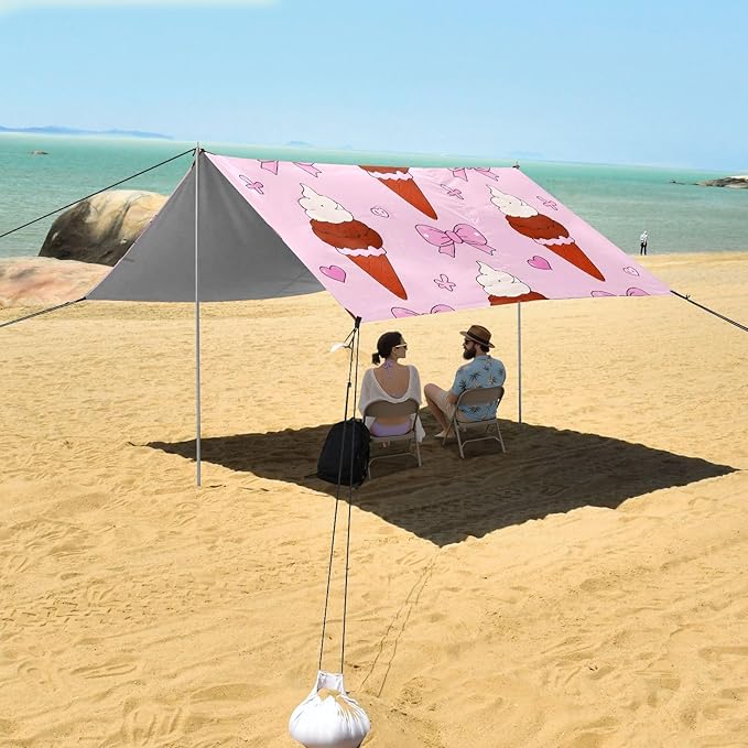 ALAZA Pink Bow Ice Cream Pattern Beach Tent Sun Shelter Portable Canopy Sunshade for Outdoor Camping Picnics Backyard Fun 10x9 ft