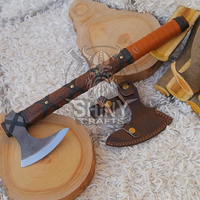 SHINY CRAFTS® Handcrafted Viking Axe – Engraved Nordic Blade with Wooden Handle Unique Gift for Men Collectors Cosplay and Medieval Decor (Brown-SCA-15)