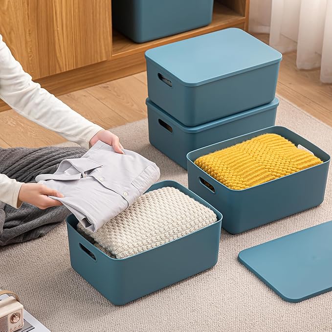 Plastic Storage Bins with lidsStorage BasketsContainer with handleStorage Organizer Bins for ShelvesOfficeBedroomsClosets Cabinets(Blue 3M)