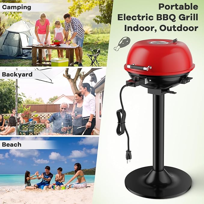 1600W Electric Grill Outdoor 15-Serving Freestanding Camping Grill w/Removable Non-Stick Grilling Rack Oil Drip Tray Temperature Adjustable Portable BBQ Grill for Patio Backyard (Red)