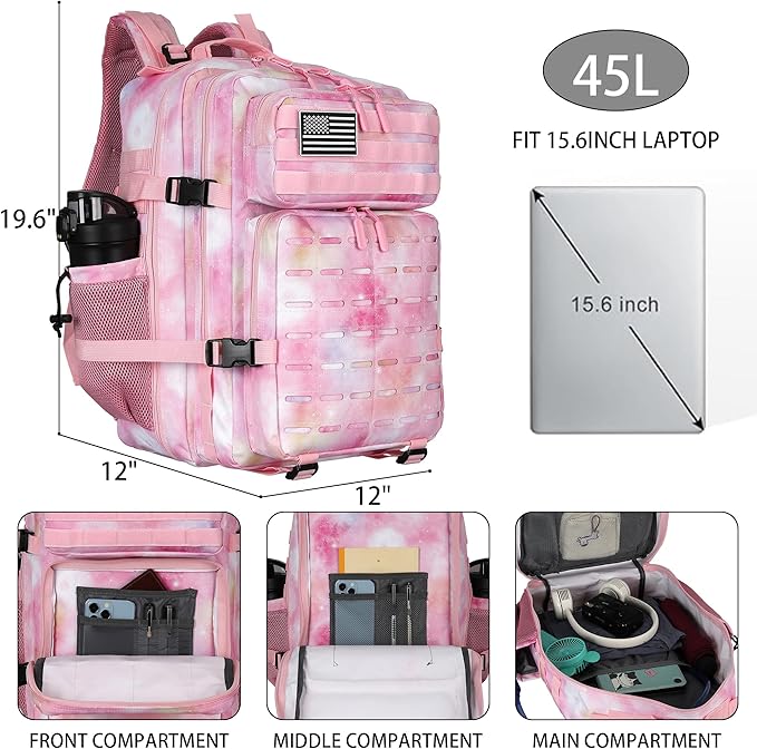 Military Tactical Backpack 45L/25L 3 Day Assault Pack Molle Daypack Hiking Backpack for Men and Women (Pink StarrySky 45L)