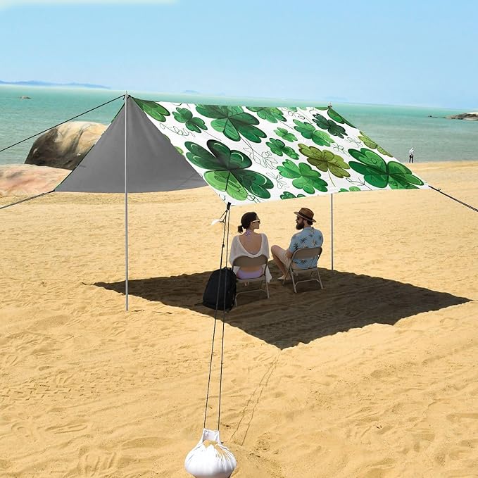 St Patrick's Day Clovers Green Beach Tent Sun Shelter Set UPF50+ UV Protection 10.5 x 9.19 FT Camping Shade Canopy with Sandbags Sand Anchors Carrying Bag and Others