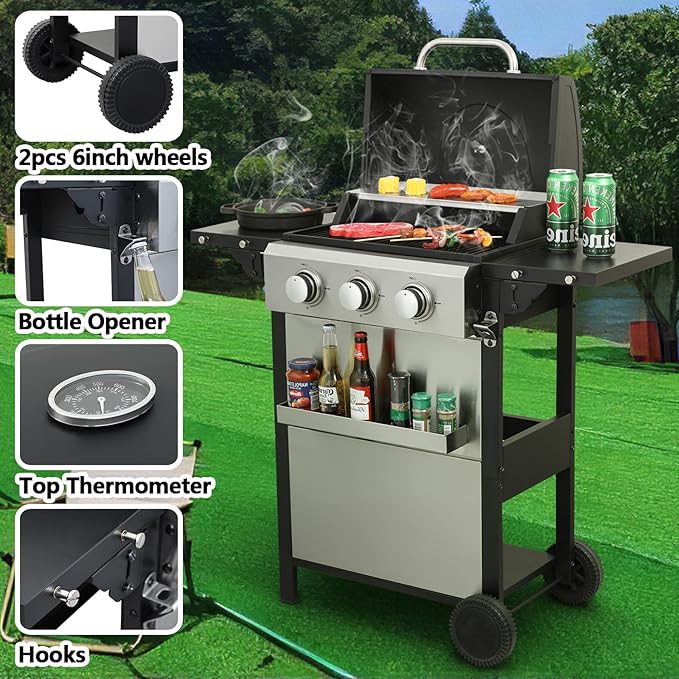 3 Burner Small Propane Gas Grill with Porcelain-Enameled Grates &amp Thermometer Stainless Steel BBQ Grill 25650 BTU with Folding Side Tables for Outdoor Cooking Kitchen Garden Patio