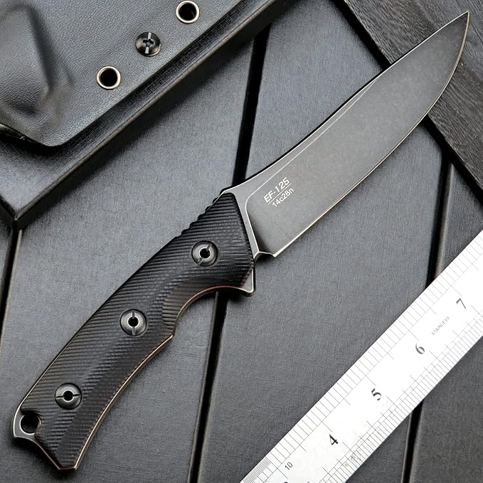 Eafengrow EF125 Fixed Blade Knife 14c28n Steel Blade Coated Black Titanium G10 Handle Scales Fixed Knifes for Outdoor Camping Hunting Survival EDC Tool Knives with Kydex Sheath(Black)