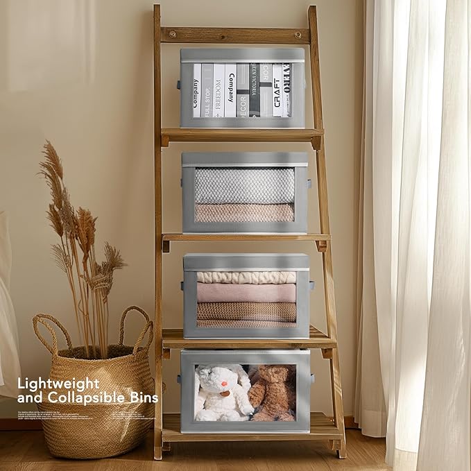 Homsorout Large Storage Bins with Lids - Stackable Cube Bins for Closet 5 Pack Clear Windows Fabric Organizer Bins Home Organizers and Storage for Clothes CD Towels Grey