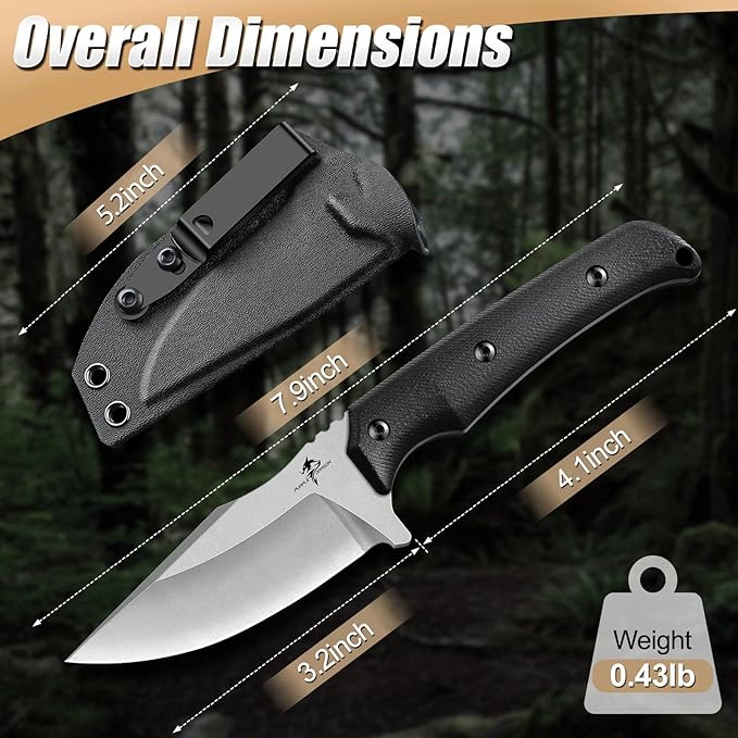 Purple Dragon Fixed Blade Knife - Full Tang Hunting Knife Forged from a Single Piece of D2 Steel - Camping Knives with G10 Handle and Kydex Sheath - Outdoor Gift for Men - Black