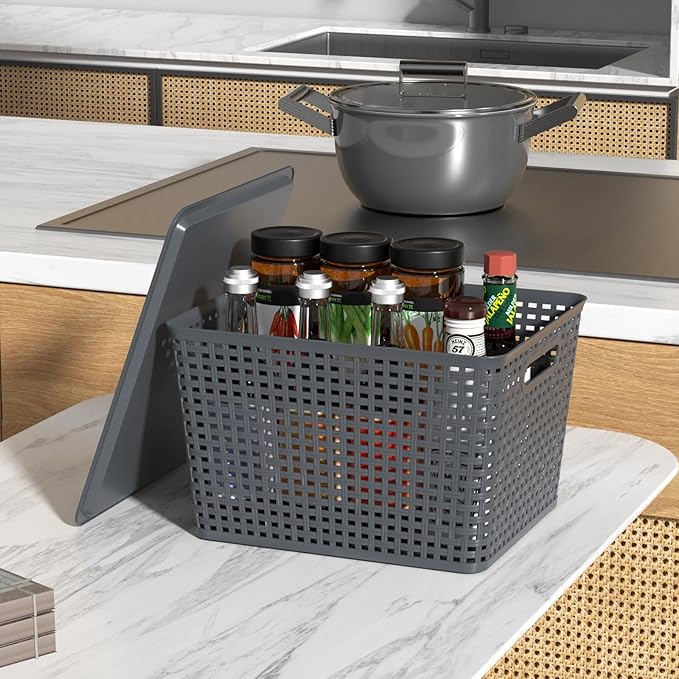 20 Quart Plastic Weave Storage Basket Bin with Lid Large Stackable Baskets 6 Packs
