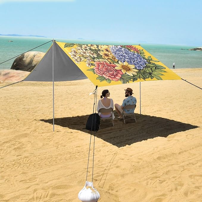 Flowers Bunch on Yellow Beach Cabana UPF50 Water-Resistant Large Sun Shelter with Sand Pockets for Camping Picnics Backyard
