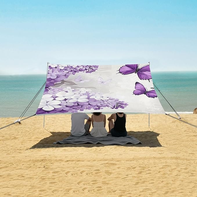 Purple Butterflies White Lilac Foldable Beach Cabana UPF50+ Easy Setup Shade Sun Shelter with Sturdy Poles Sandbags and Shovel for Family Trips Picnics &amp Camping