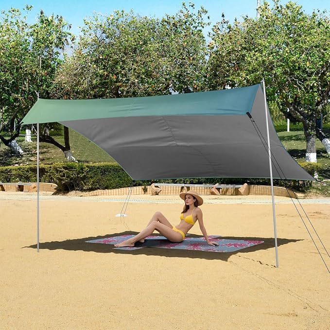 Dark Green Gradient Beach Cabana Tent UPF50+ Protection Easy Setup Sun Shelter with Sturdy Poles Sandbags and Shovel for Backyard and Camping