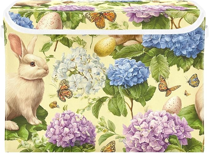 Yellow Easter Bunny Hydrangea Butterfly Storage Box with Lid 1 PC Foldable Storage Bin with Lids Stackable Storage Bins Cube Closet Organizer Basket with Flip-Top Lid &amp Handles for Shoes Books Tow