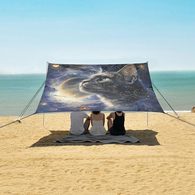 ALAZA Cat Kitten Starry Sky Galaxy Beach Tent Sun Shelter UPF50+ Protection Beach Shade Canopy w/ 4 Sandbags for Outdoor Camping Fishing Backyard Fun Picnic 10x9 ft