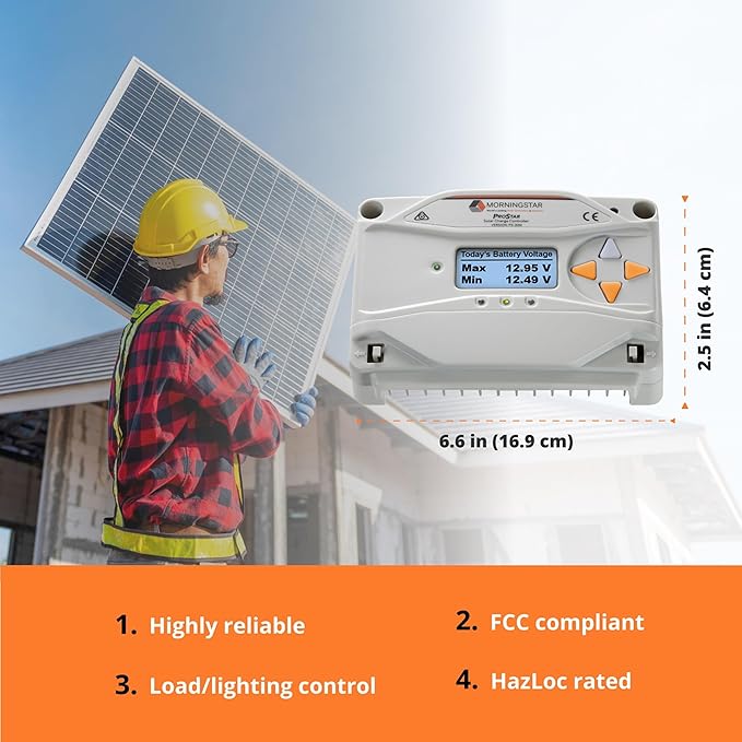 Morningstar Prostar 30A PWM Solar Charge Controller w/ Meter (PS-30M) - Solar Panel Regulator Supports 12V/24V LA/Lithium Batteries LVD/Lighting Ctrl HazLoc Rated Low Noise - Designed in The USA