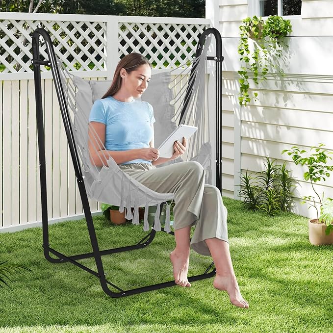 U-Shaped Hammock Chair with Stand Heavy-Duty and Rustproof Hanging Chair with Stand Bohemian Style Tassel Hammock Swing Chair Stand with Headrest and Side Pockets for Yard Garden (Light Gray)