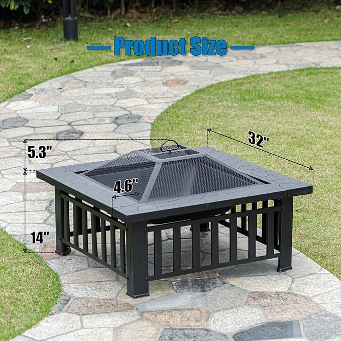 Panovue Multifunctional Fire Pit Table 32 inch Square Metal Firepit Stove Backyard Patio Garden Fireplace for Camping Outdoor Heating Bonfire and Picnic