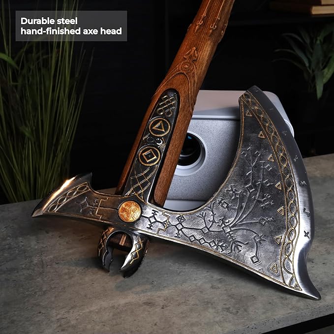 AncientSmithy Leviathan Axe Metal Replica with Glow-in-The-Dark-Runes - Hardened High Carbon Steel Blade - Leather Sheath - Hand Carved Handle