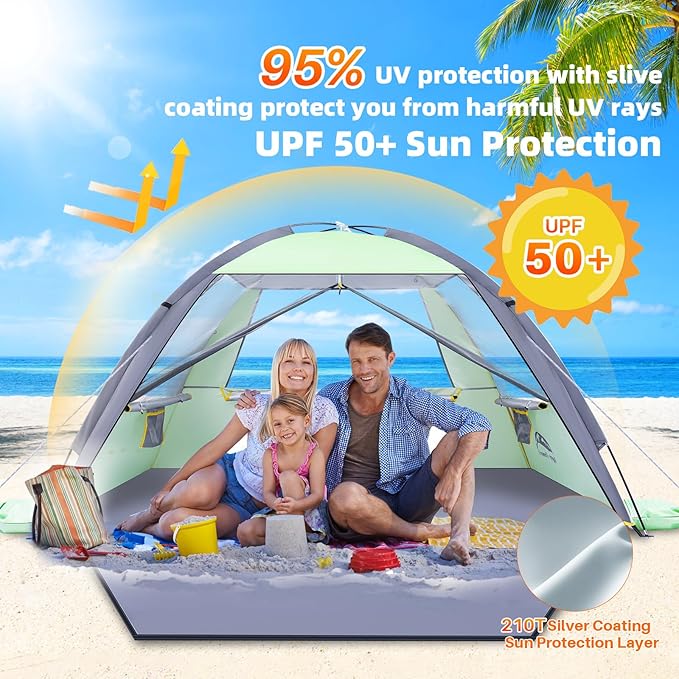 Happy Travel Beach Tent Sun Shelter for 3/4/5/6/7/8 Person Portable UPF 50+ UV Protection Beach Shade Canopy for Family &amp Baby Lightweight &amp Easy Setup Beach Cabana with 3 Ventilation Mesh W