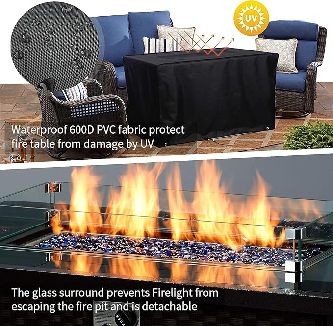 U-MAX 44in Outdoor Propane Gas Fire Pit Table 50000 BTU Auto-Ignition Gas Firepit with Glass Wind Guard Black Tempered Glass Tabletop &amp Blue Glass Rock Brown PE Rattan CSA Certification