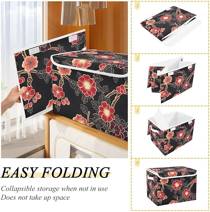 Storage Cube with Lid Chinese Flowers Print 16.5×12.6×11.8 IN 1 Pack Collapsible Large Capacity Foldable Storage Basket Bin Organizer