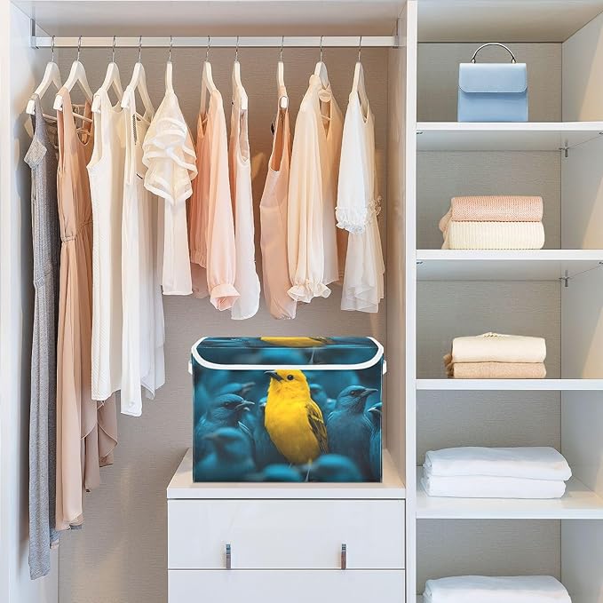 AIXIWAWA Lidded Storage Cube (Bird Yellow) Fabric Foldable Closet Bins with Flip Lid and Handles Organizer Basket Container 16.5 x 12.6 x 11.8 IN