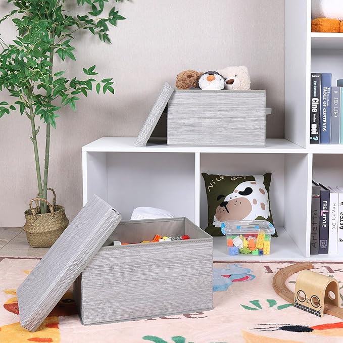 WUIKE Storage Bins with Lids Collapsible Stackable Storage Bins with Handles Clothing Storage Containers for Closet Fabric Shelf Baskets Large Light Gray/Slub Gray 3-Pack