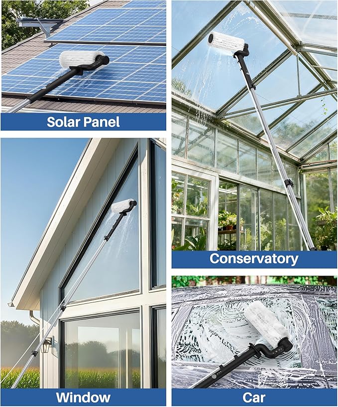 LyriFine Electric Solar Panel Cleaning Brush and Pole Kit 20Ft Extendable Washing Kit with Water Fed Pole 2 Speed &amp Soap Dispenser Outdoor Window Cleaning Tool for Solar Panel Window Roof RV