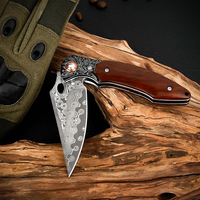 Zingbee Damascus Pocket Knife 3.27” Damascus Blade EDC Folding Knives with Guibourtia Wooden Handle Christmas Ideal for Utility Gift