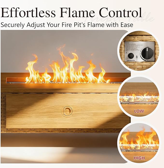 Sophia &amp William 42 Inch Outdoor Propane Gas Fire Pit Table Patio Rattan Rectangular Fire Table with Tank Cover Table 50000 BTU Firepit Table for Outside Patio with Fire Glass Lid